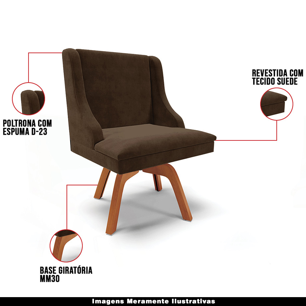 Kit 2 Poltronas Decorativas Base Giratória de Madeira Firenze Suede Marrom/Natural G19 - Gran Belo