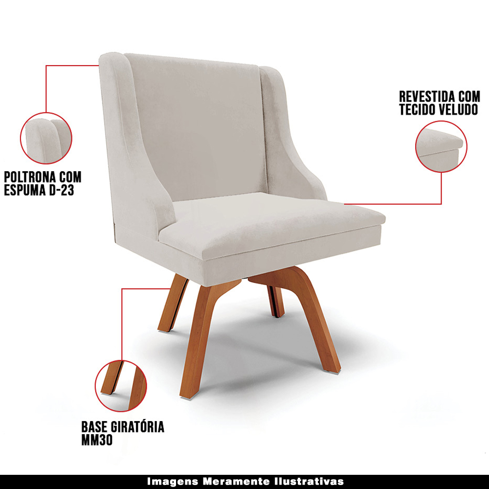 Kit 2 Poltronas Decorativas Base Giratória de Madeira Firenze Veludo Cinza/Natural G19 - Gran Belo