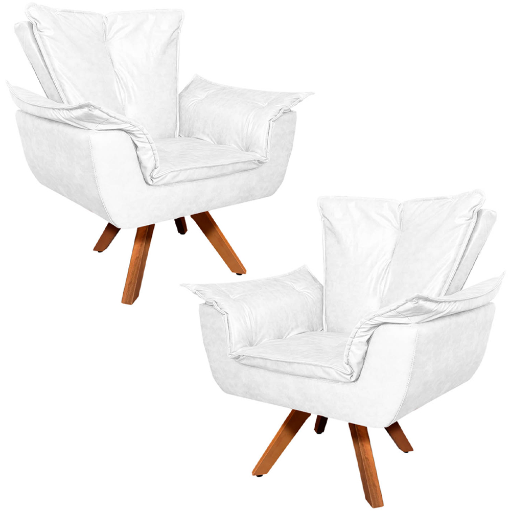 Kit 2 Poltronas Decorativas Base Giratória em Madeira Charger PU Branco G19 - Gran Belo