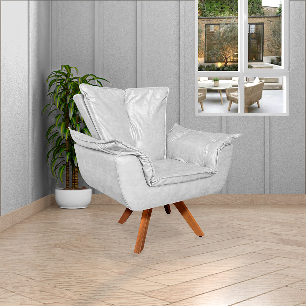 Kit 2 Poltronas Decorativas Base Giratória em Madeira Charger PU Branco G19 - Gran Belo