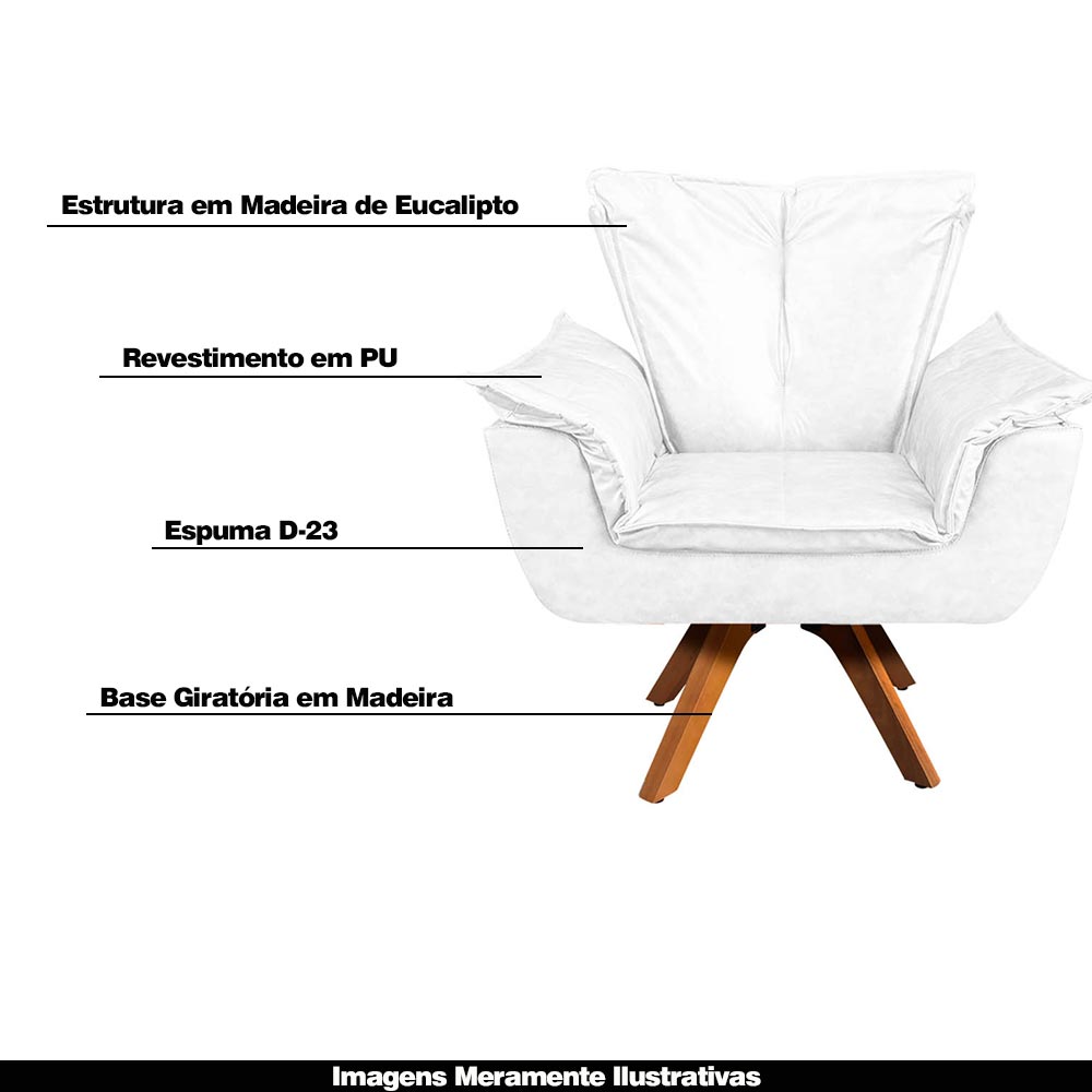 Kit 2 Poltronas Decorativas Base Giratória em Madeira Charger PU Branco G19 - Gran Belo