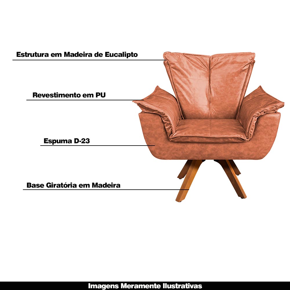 Kit 2 Poltronas Decorativas Base Giratória em Madeira Charger PU Marrom G19 - Gran Belo