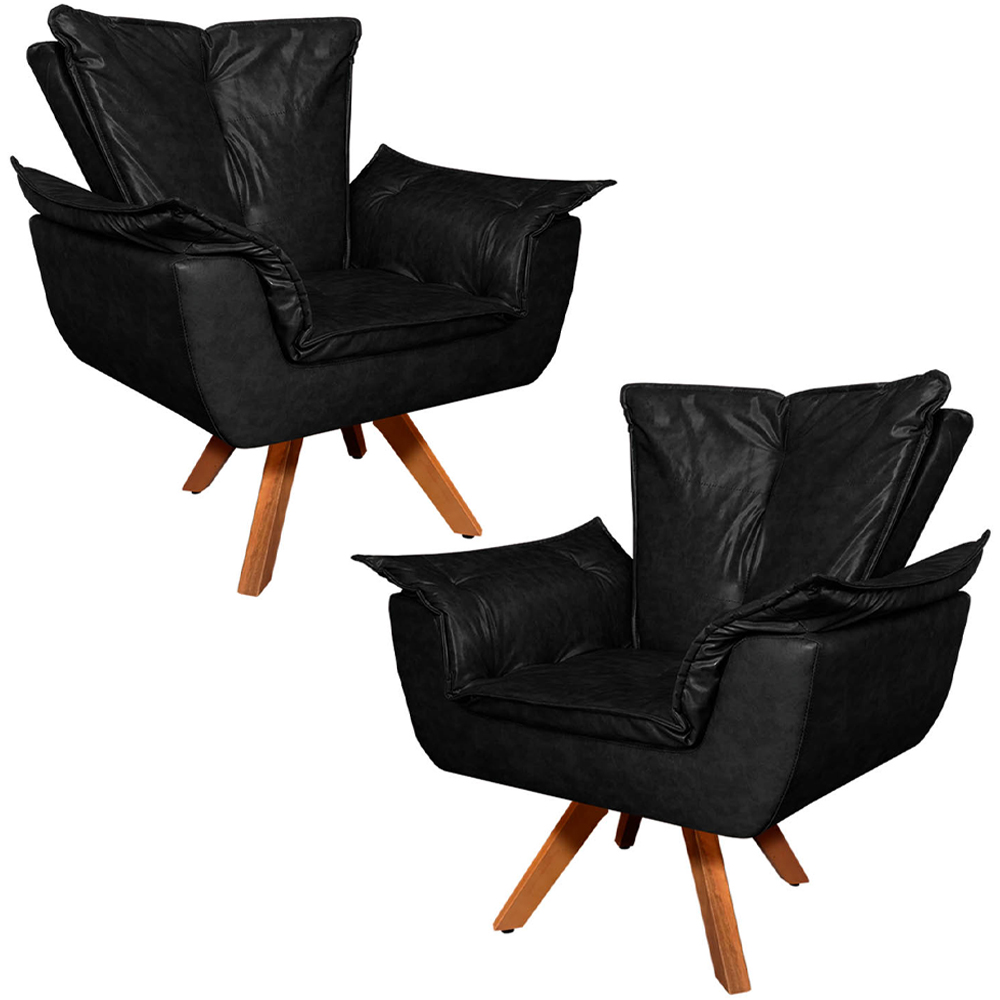 Kit 2 Poltronas Decorativas Base Giratória em Madeira Charger PU Preto G19 - Gran Belo