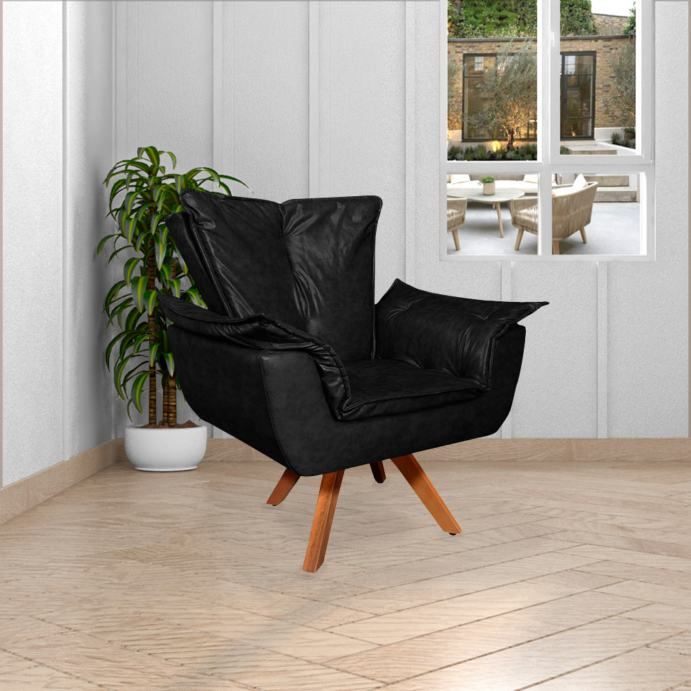 Kit 2 Poltronas Decorativas Base Giratória em Madeira Charger PU Preto G19 - Gran Belo
