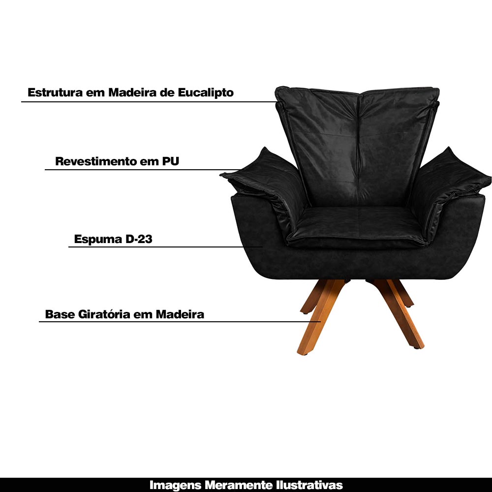 Kit 2 Poltronas Decorativas Base Giratória em Madeira Charger PU Preto G19 - Gran Belo