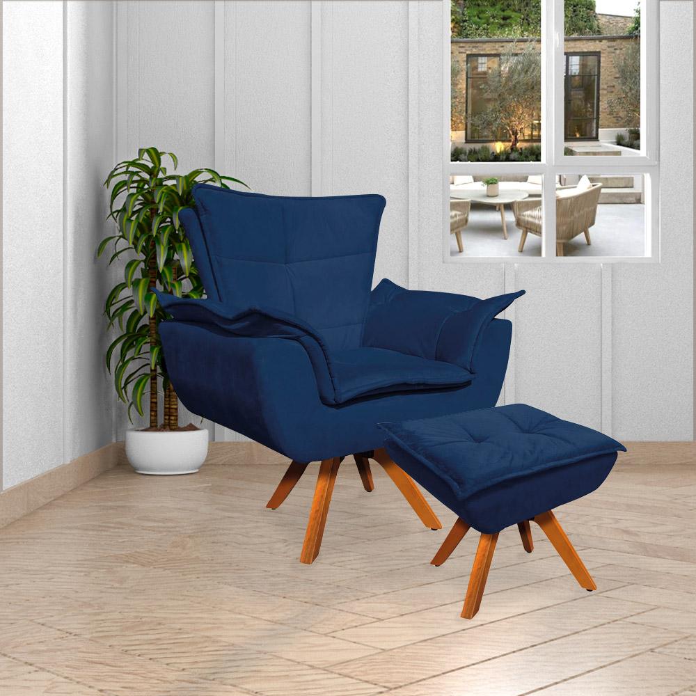 Kit 2 Poltronas Decorativas Base Giratória em Madeira Charger Suede Azul Marinho G19 - Gran Belo