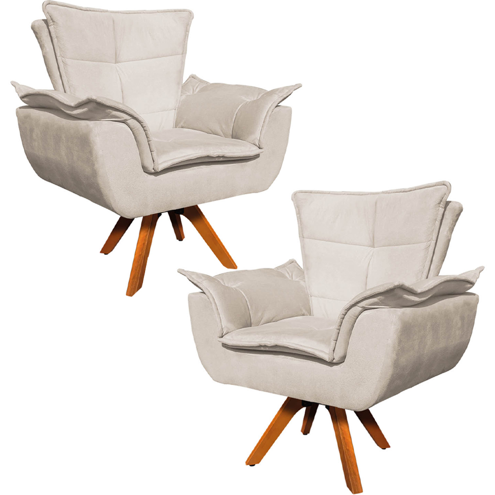 Kit 2 Poltronas Decorativas Base Giratória em Madeira Charger Suede Bege G19 - Gran Belo