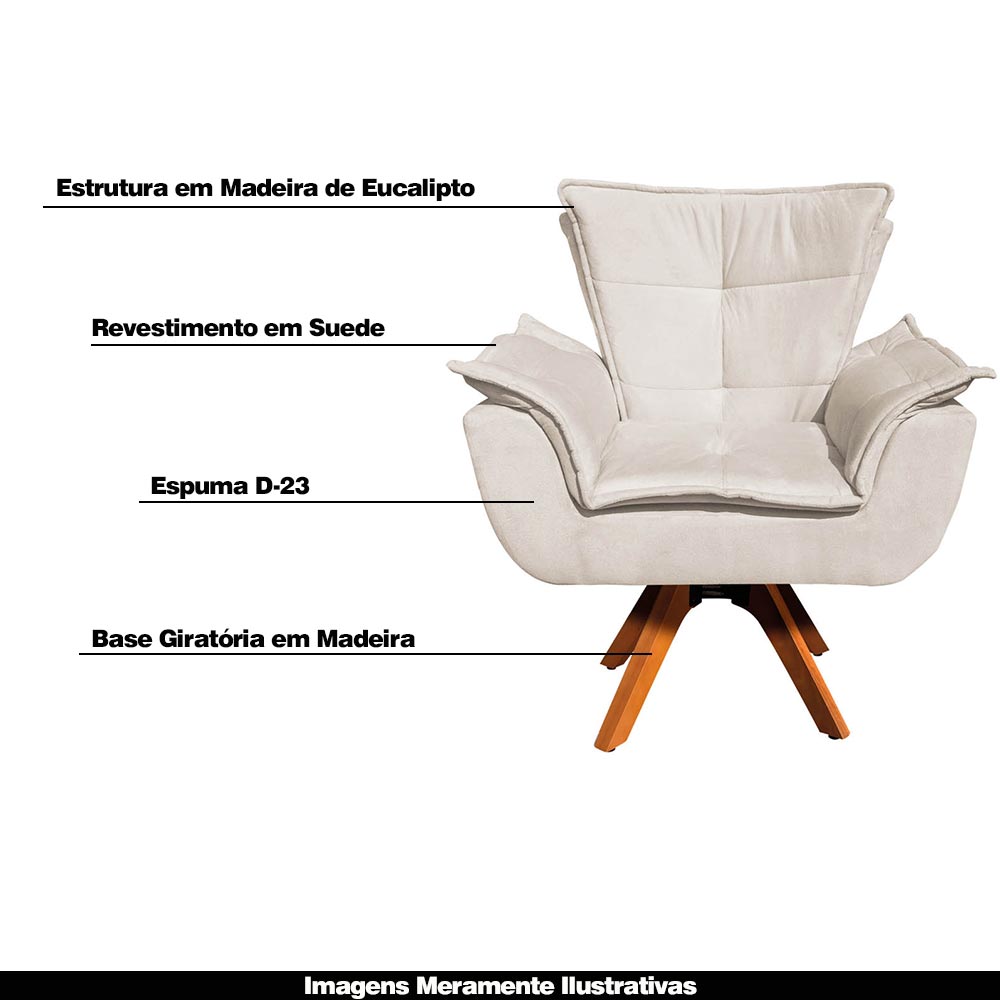 Kit 2 Poltronas Decorativas Base Giratória em Madeira Charger Suede Bege G19 - Gran Belo