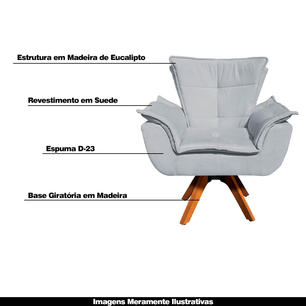 Kit 2 Poltronas Decorativas Base Giratória em Madeira Charger Suede Cinza G19 - Gran Belo