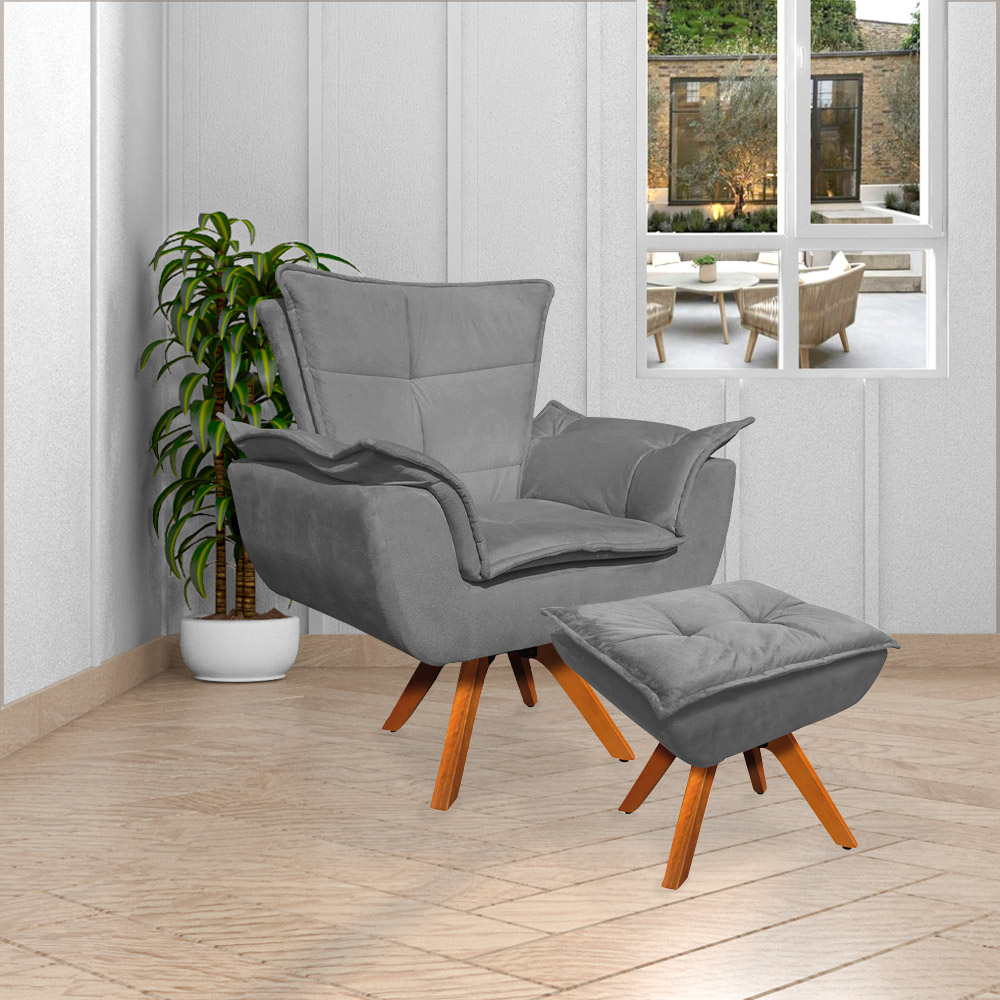 Kit 2 Poltronas Decorativas Base Giratória em Madeira Charger Suede Grafite G19 - Gran Belo