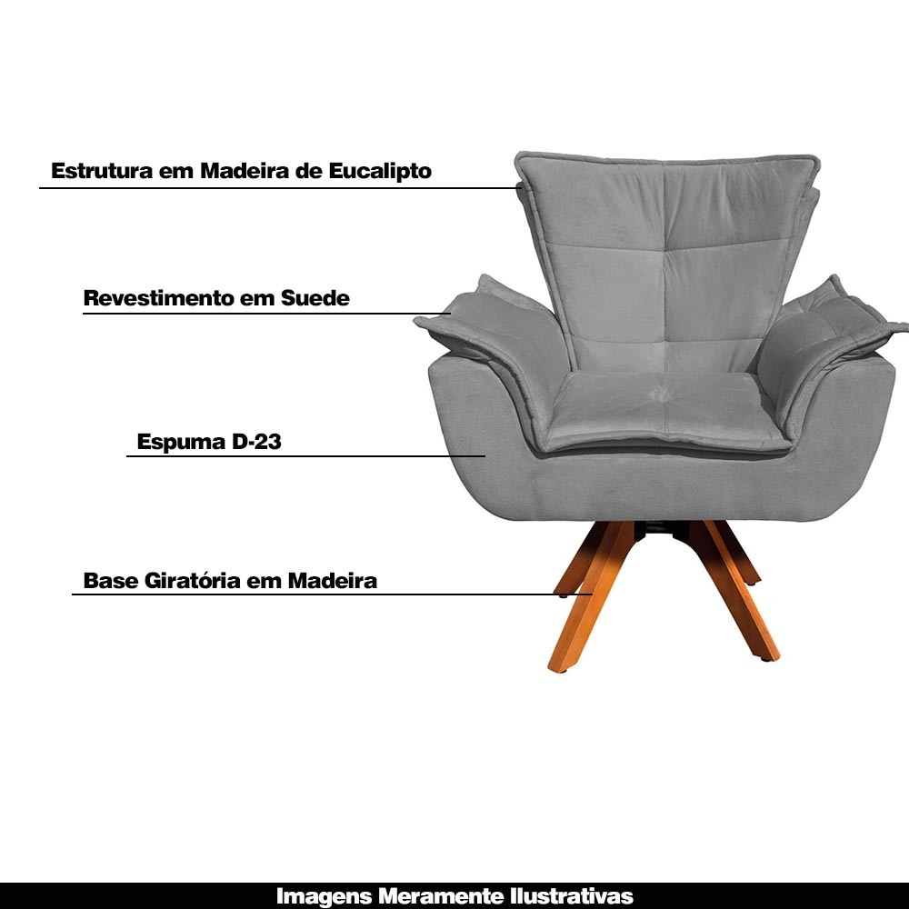 Kit 2 Poltronas Decorativas Base Giratória em Madeira Charger Suede Grafite G19 - Gran Belo
