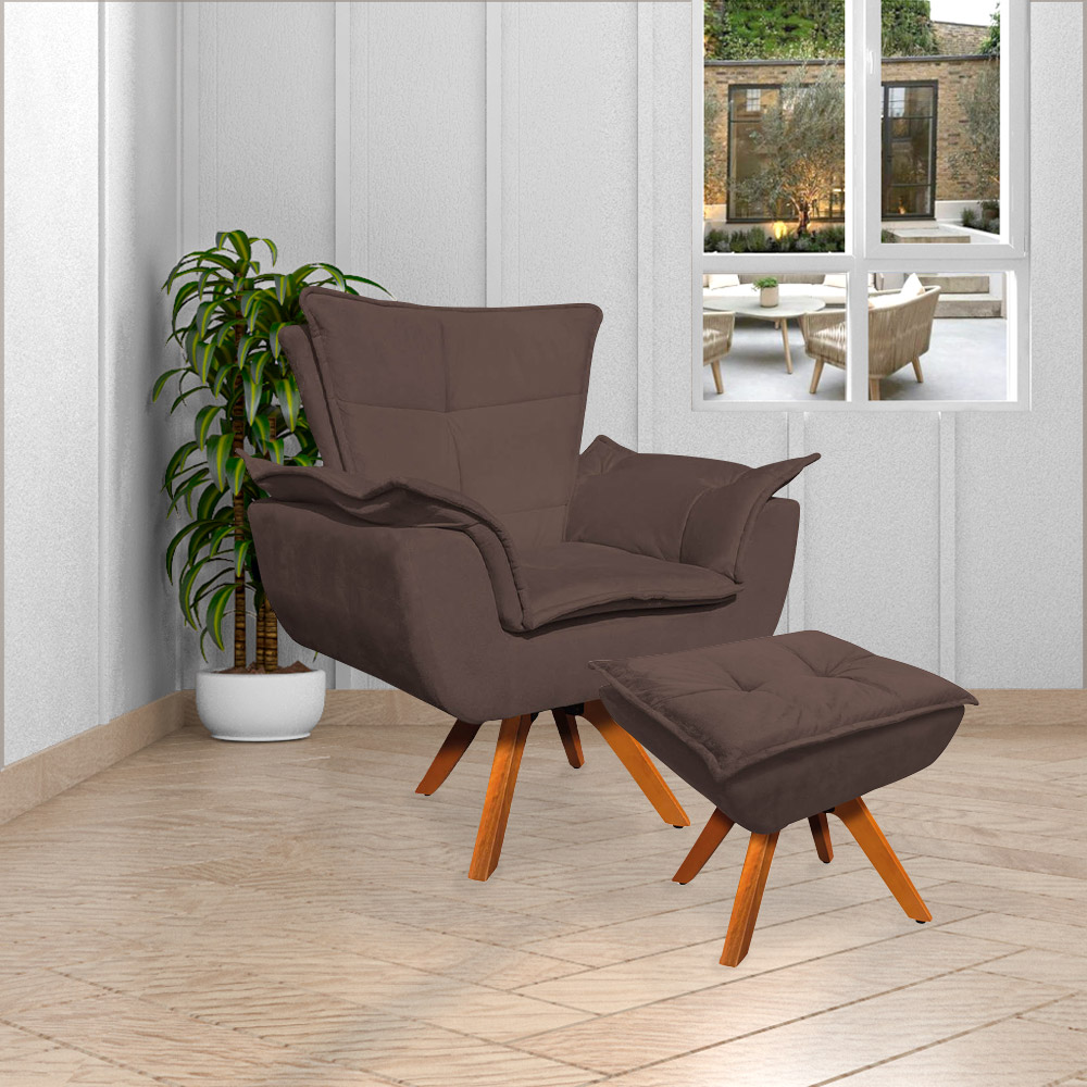 Kit 2 Poltronas Decorativas Base Giratória em Madeira Charger Suede Marrom G19 - Gran Belo