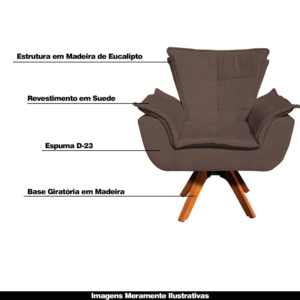 Kit 2 Poltronas Decorativas Base Giratória em Madeira Charger Suede Marrom G19 - Gran Belo