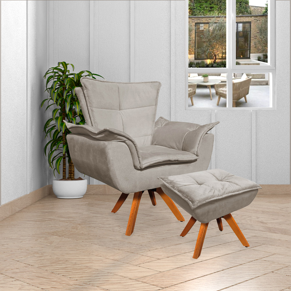 Kit 2 Poltronas Decorativas Base Giratória em Madeira Charger Suede Nude G19 - Gran Belo