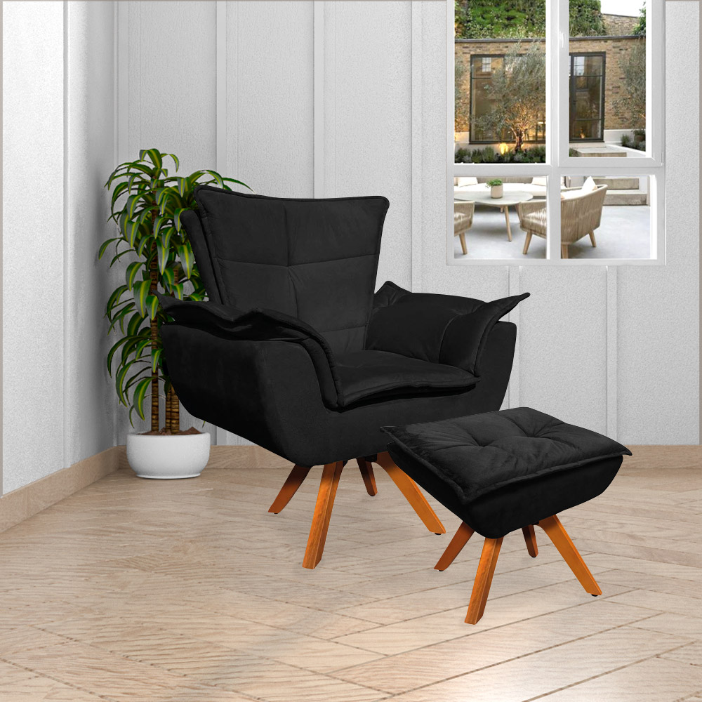 Kit 2 Poltronas Decorativas Base Giratória em Madeira Charger Suede Preto G19 - Gran Belo