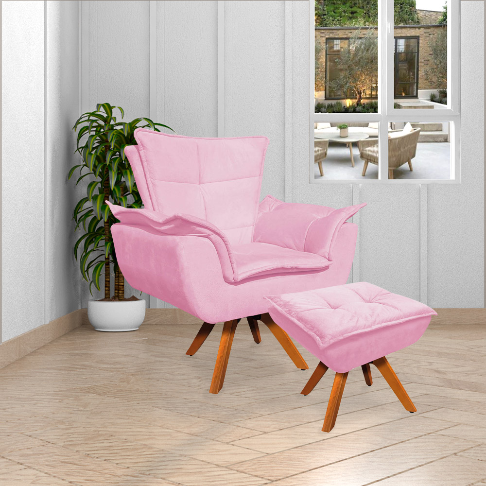 Kit 2 Poltronas Decorativas Base Giratória em Madeira Charger Suede Rosa G19 - Gran Belo