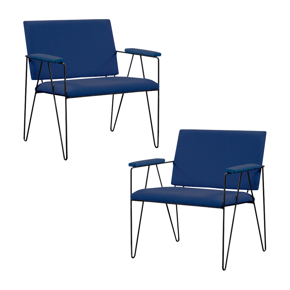 Kit 2 Poltronas Decorativas Base em Aço Preto Eslovenia Linho Azul Marinho G17 - Gran Belo