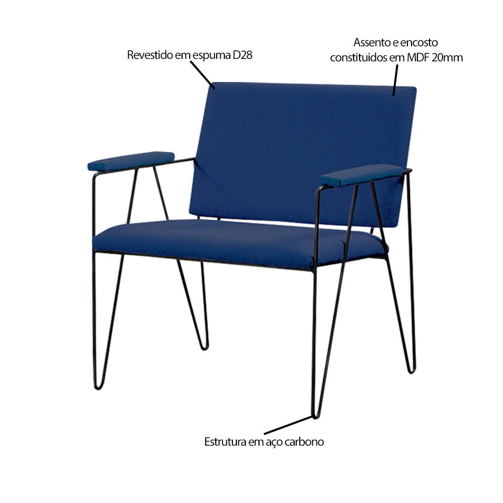 Kit 2 Poltronas Decorativas Base em Aço Preto Eslovenia Linho Azul Marinho G17 - Gran Belo