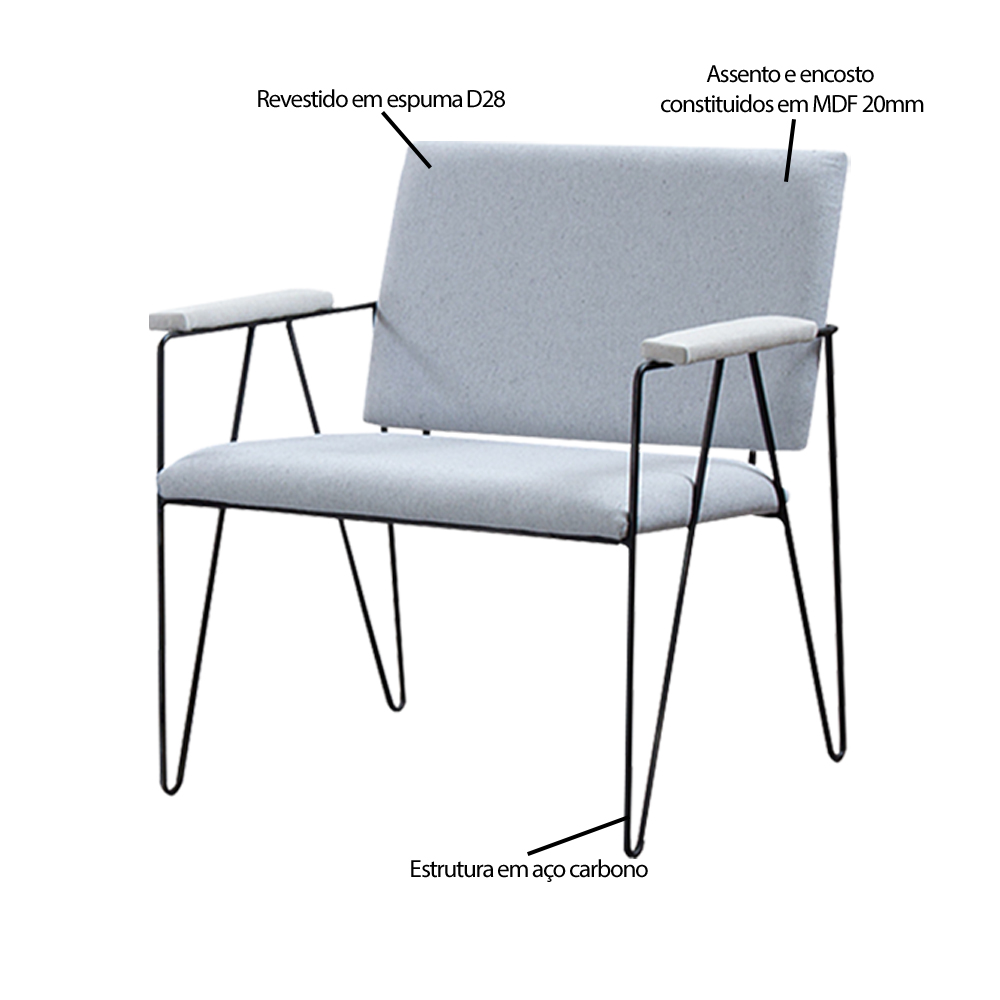 Kit 2 Poltronas Decorativas Base em Aço Preto Eslovenia Linho Cinza G17 - Gran Belo