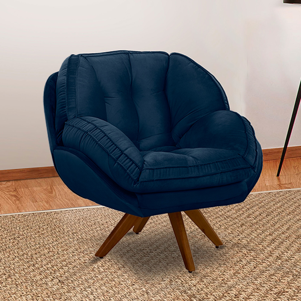 Kit 2 Poltronas Decorativas Base em Madeira Giratória Giroud Veludo Azul Marinho G33 - Gran Belo