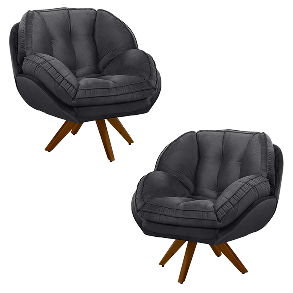 Kit 2 Poltronas Decorativas Base em Madeira Giratória Giroud Veludo Cinza Chumbo G33 - Gran Belo