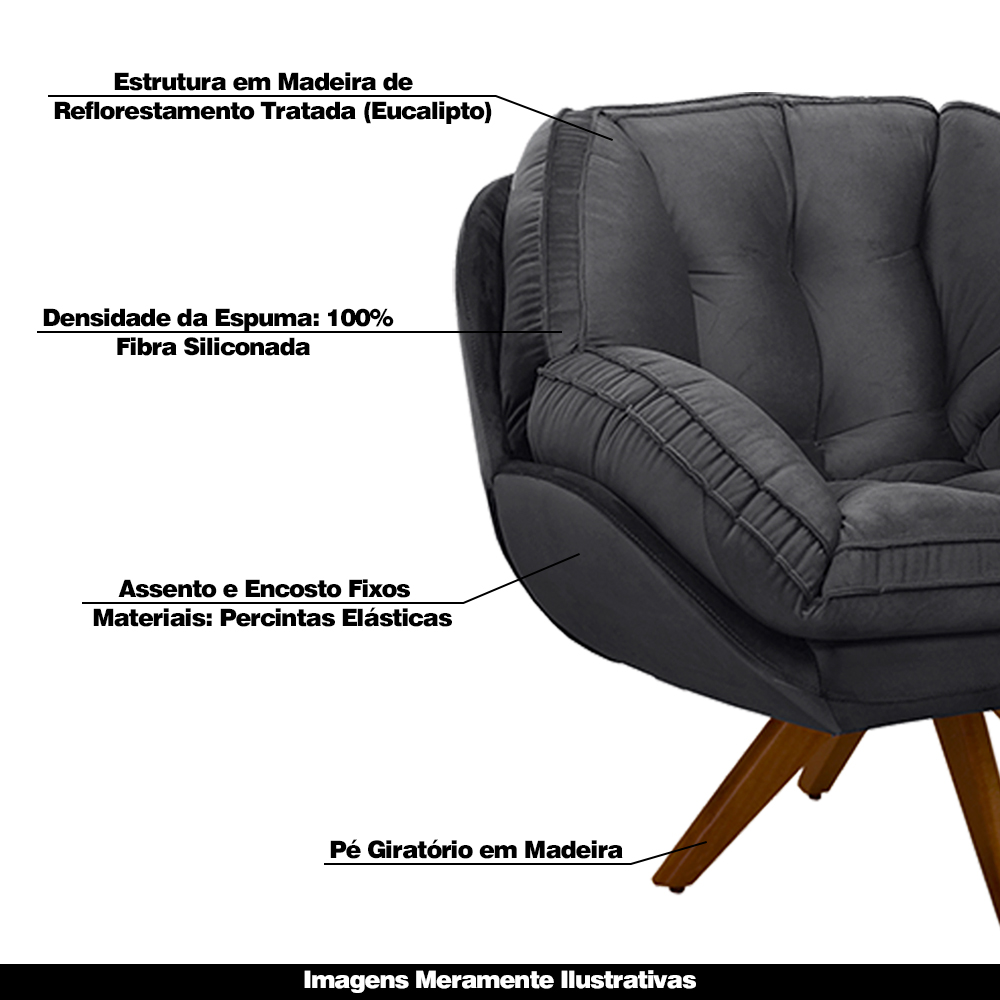 Kit 2 Poltronas Decorativas Base em Madeira Giratória Giroud Veludo Cinza Chumbo G33 - Gran Belo