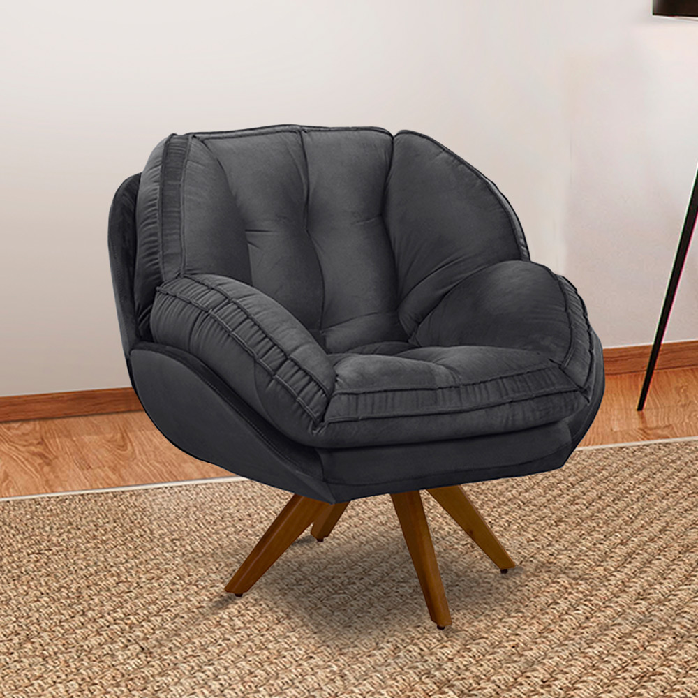 Kit 2 Poltronas Decorativas Base em Madeira Giratória Giroud Veludo Cinza Chumbo G33 - Gran Belo