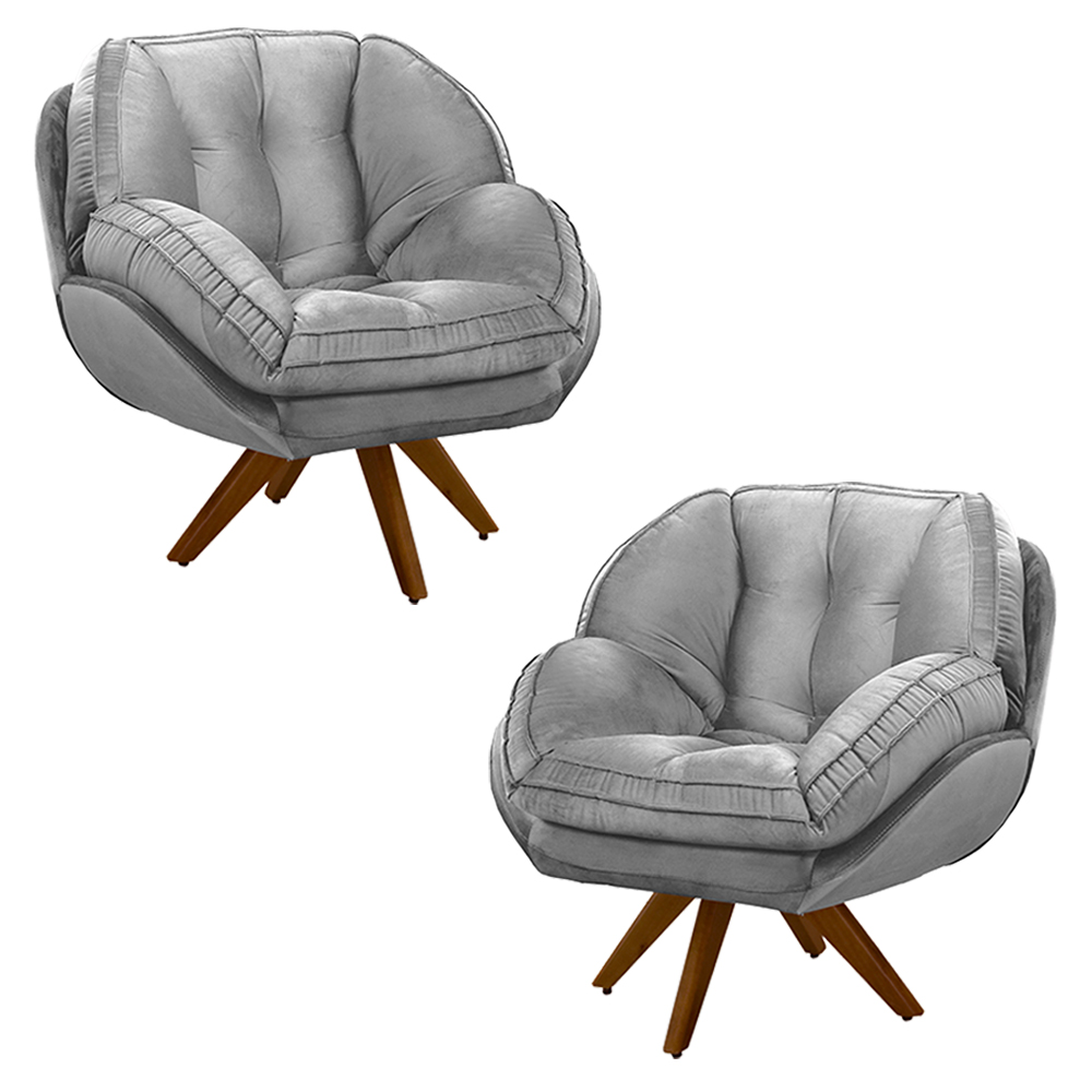 Kit 2 Poltronas Decorativas Base em Madeira Giratória Giroud Veludo Cinza G33 - Gran Belo
