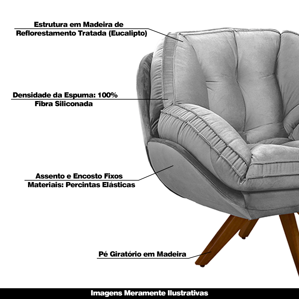 Kit 2 Poltronas Decorativas Base em Madeira Giratória Giroud Veludo Cinza G33 - Gran Belo