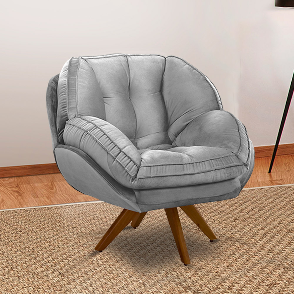 Kit 2 Poltronas Decorativas Base em Madeira Giratória Giroud Veludo Cinza G33 - Gran Belo