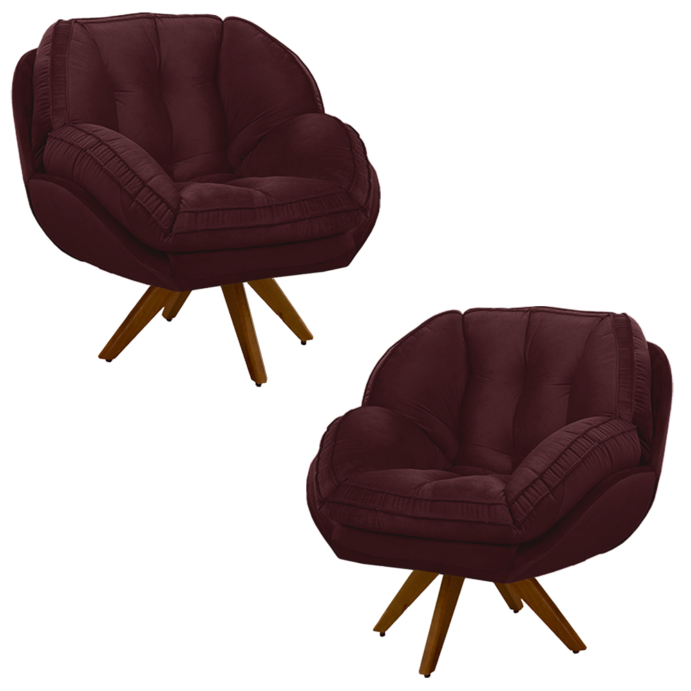 Kit 2 Poltronas Decorativas Base em Madeira Giratória Giroud Veludo Marsala G33 - Gran Belo