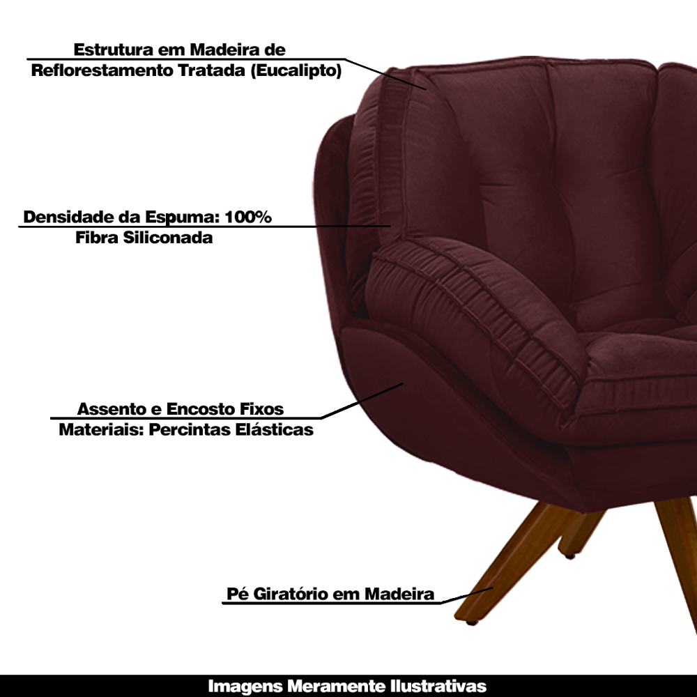 Kit 2 Poltronas Decorativas Base em Madeira Giratória Giroud Veludo Marsala G33 - Gran Belo