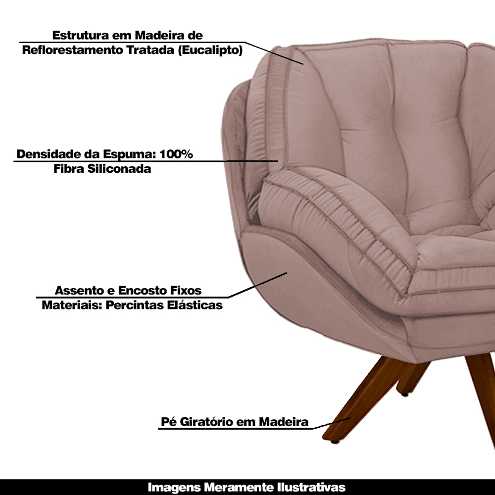 Kit 2 Poltronas Decorativas Base em Madeira Giratória Giroud Veludo Rosê G33 - Gran Belo