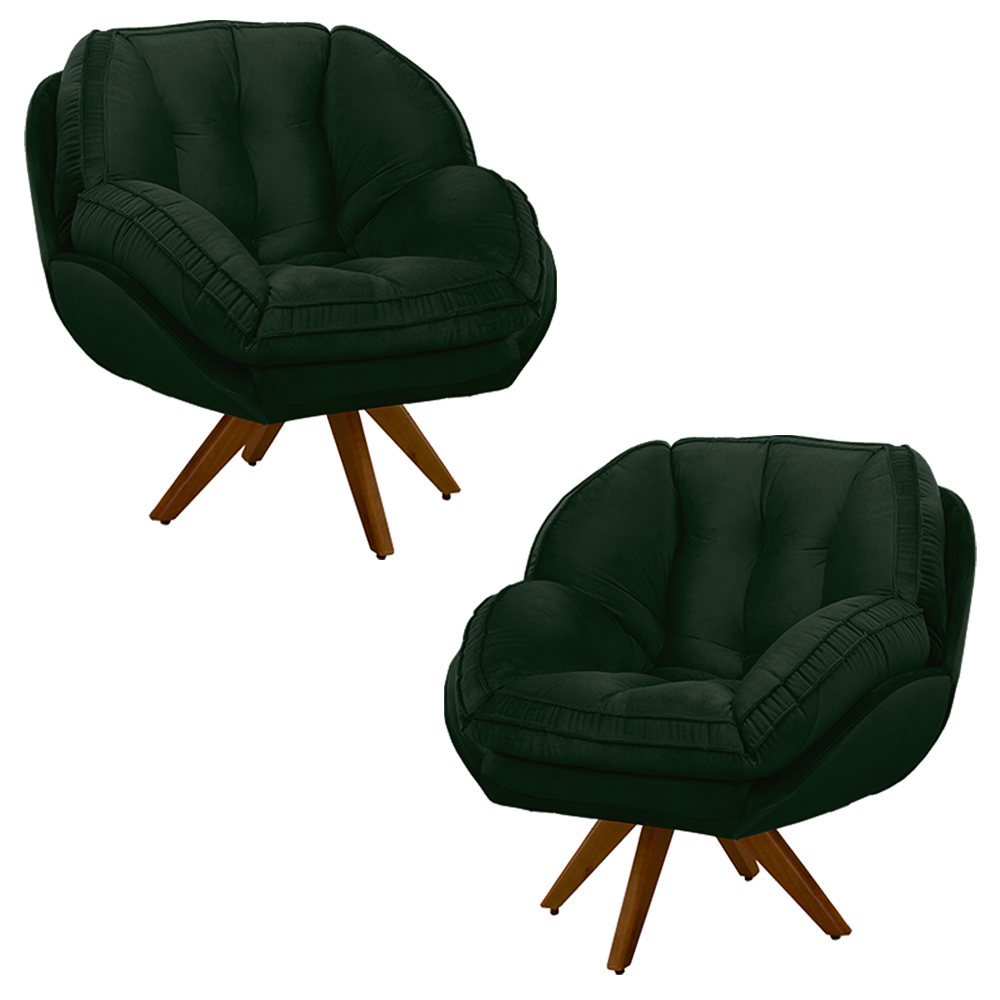 Kit 2 Poltronas Decorativas Base em Madeira Giratória Giroud Veludo Verde G33 - Gran Belo