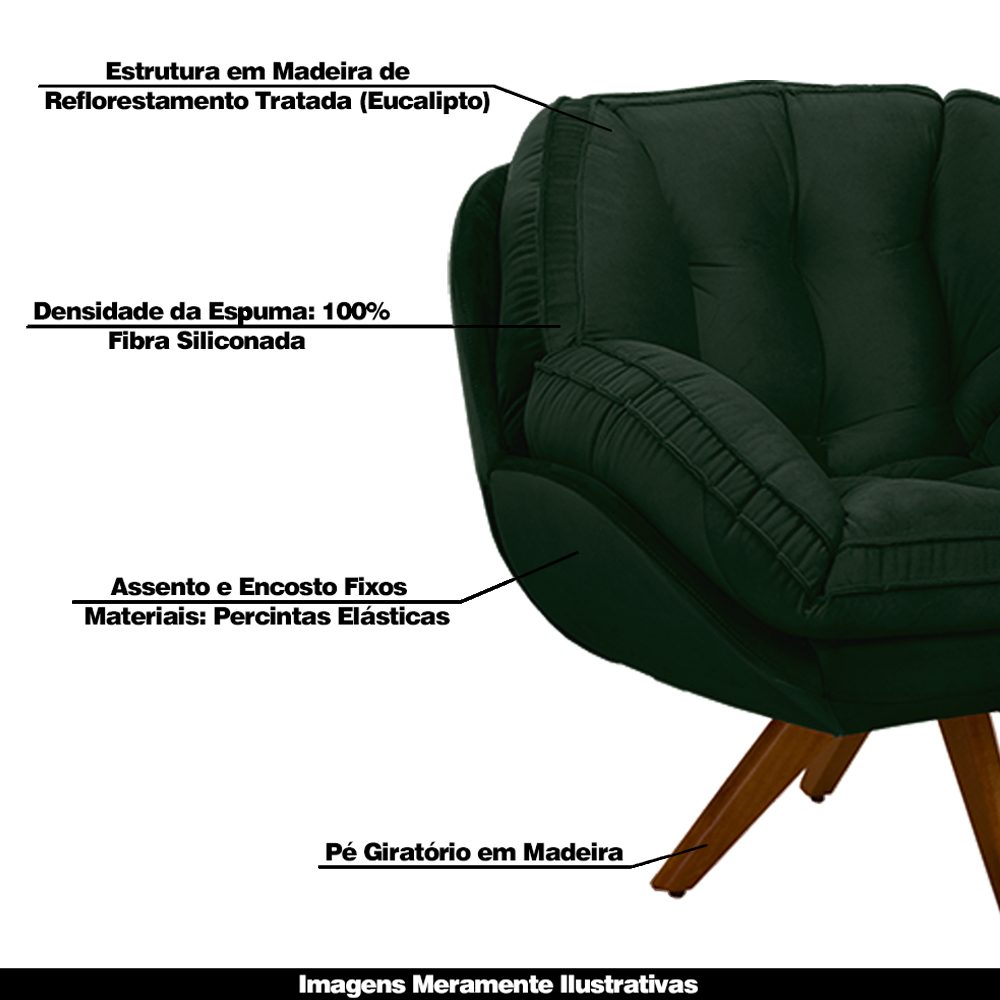 Kit 2 Poltronas Decorativas Base em Madeira Giratória Giroud Veludo Verde G33 - Gran Belo