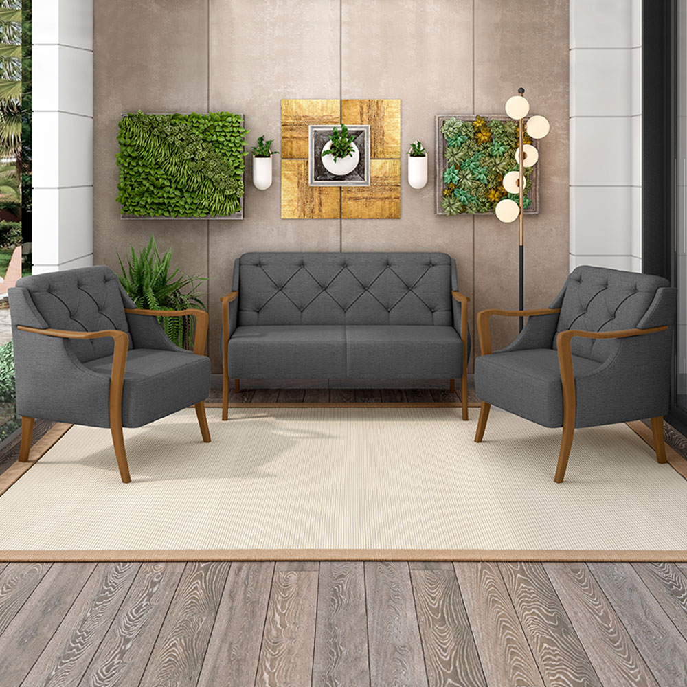 Kit 2 Poltronas Decorativas Braços em Madeira Hand Linho Chumbo G45 - Gran Belo