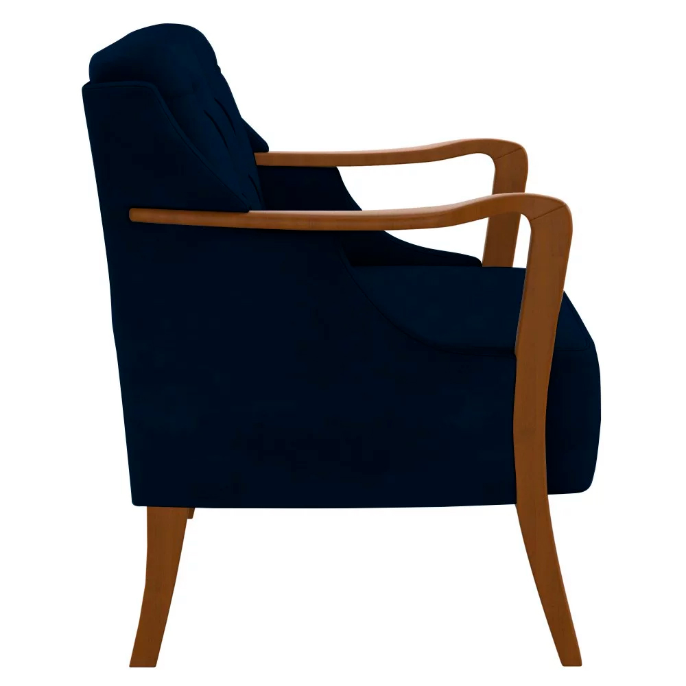 Kit 2 Poltronas Decorativas Braços em Madeira Hand Veludo Azul Marinho G45 - Gran Belo