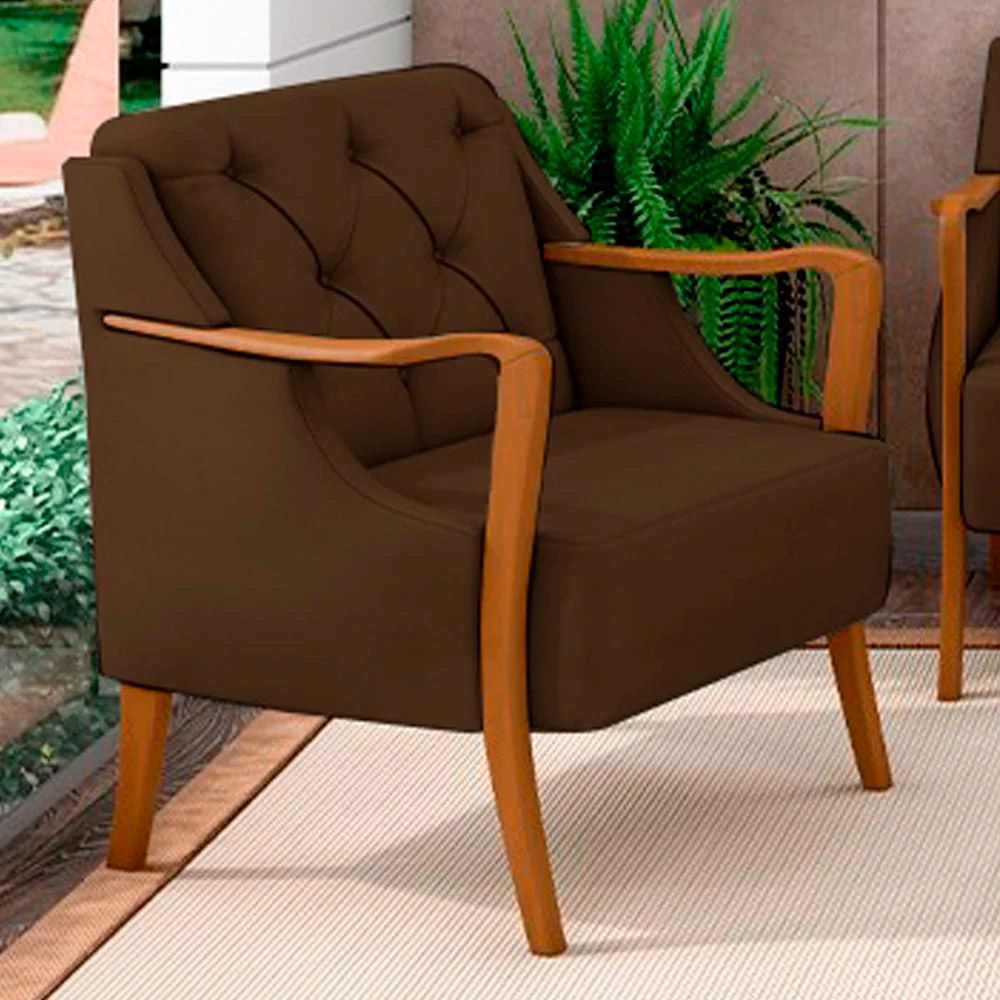 Kit 2 Poltronas Decorativas Braços em Madeira Hand Veludo Marrom G45 - Gran Belo