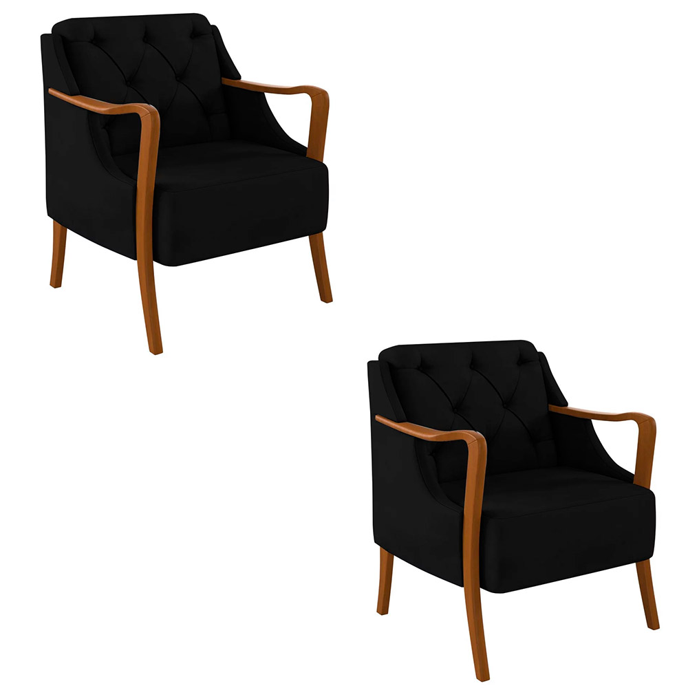 Kit 2 Poltronas Decorativas Braços em Madeira Hand Veludo Preto G45 - Gran Belo