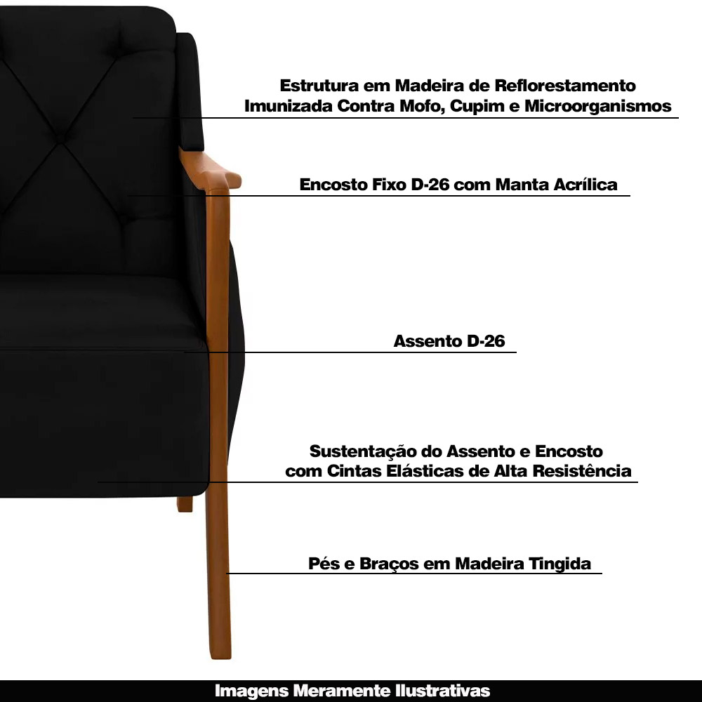 Kit 2 Poltronas Decorativas Braços em Madeira Hand Veludo Preto G45 - Gran Belo