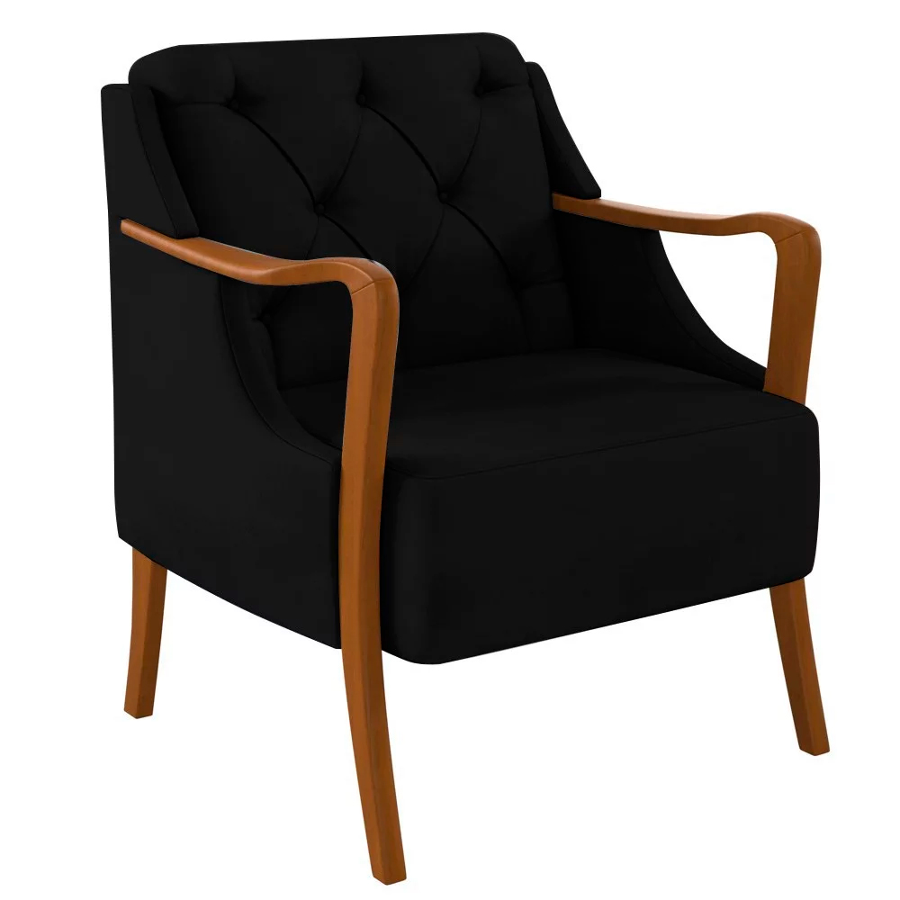Kit 2 Poltronas Decorativas Braços em Madeira Hand Veludo Preto G45 - Gran Belo