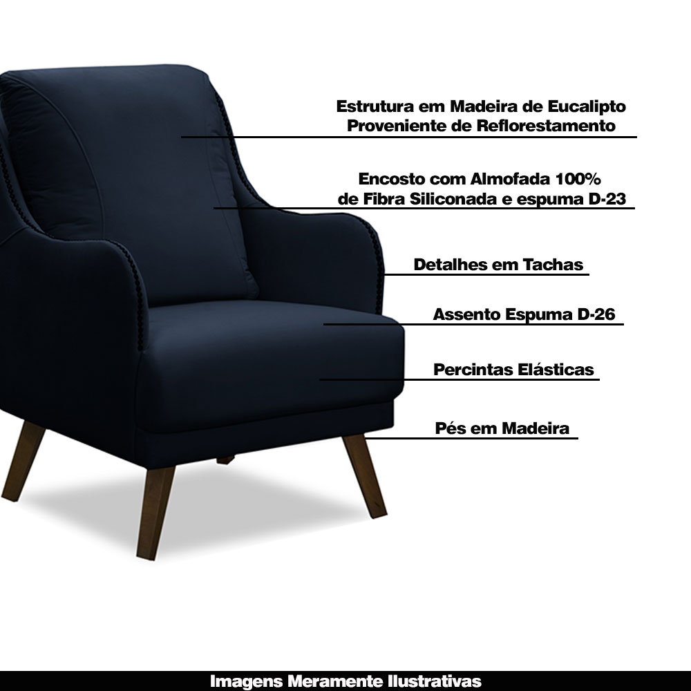 Kit 2 Poltronas Decorativas Catar com Tachas Veludo Azul Marinho G33 - Gran Belo