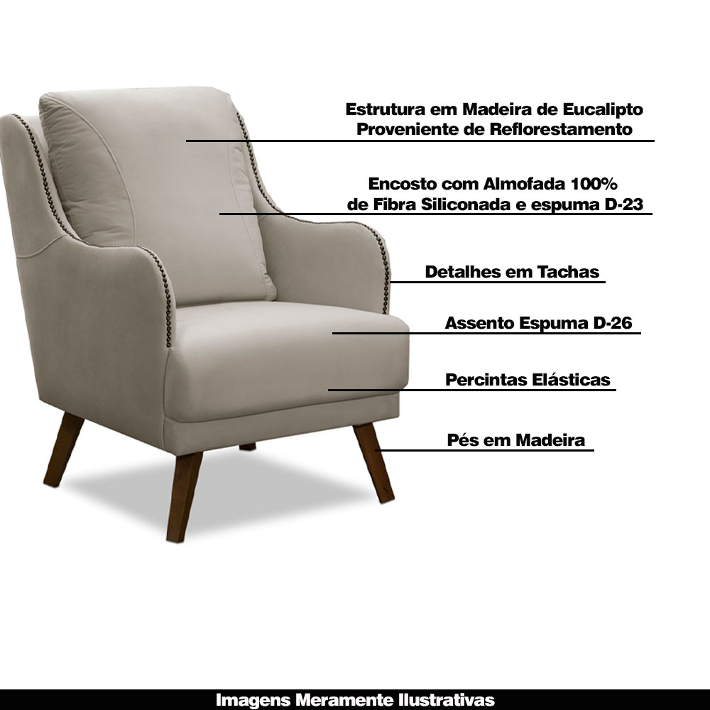 Kit 2 Poltronas Decorativas Catar com Tachas Veludo Bege Claro G33 - Gran Belo