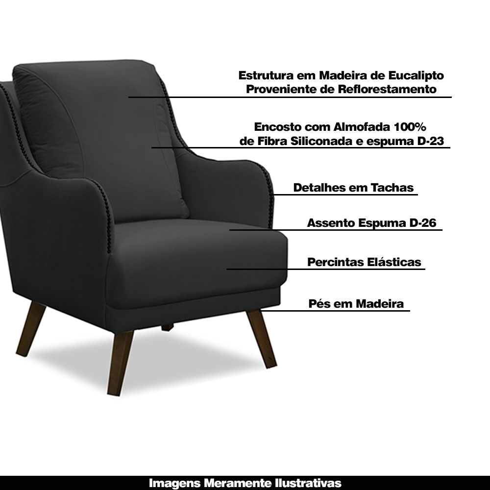 Kit 2 Poltronas Decorativas Catar com Tachas Veludo Cinza Chumbo G33 - Gran Belo