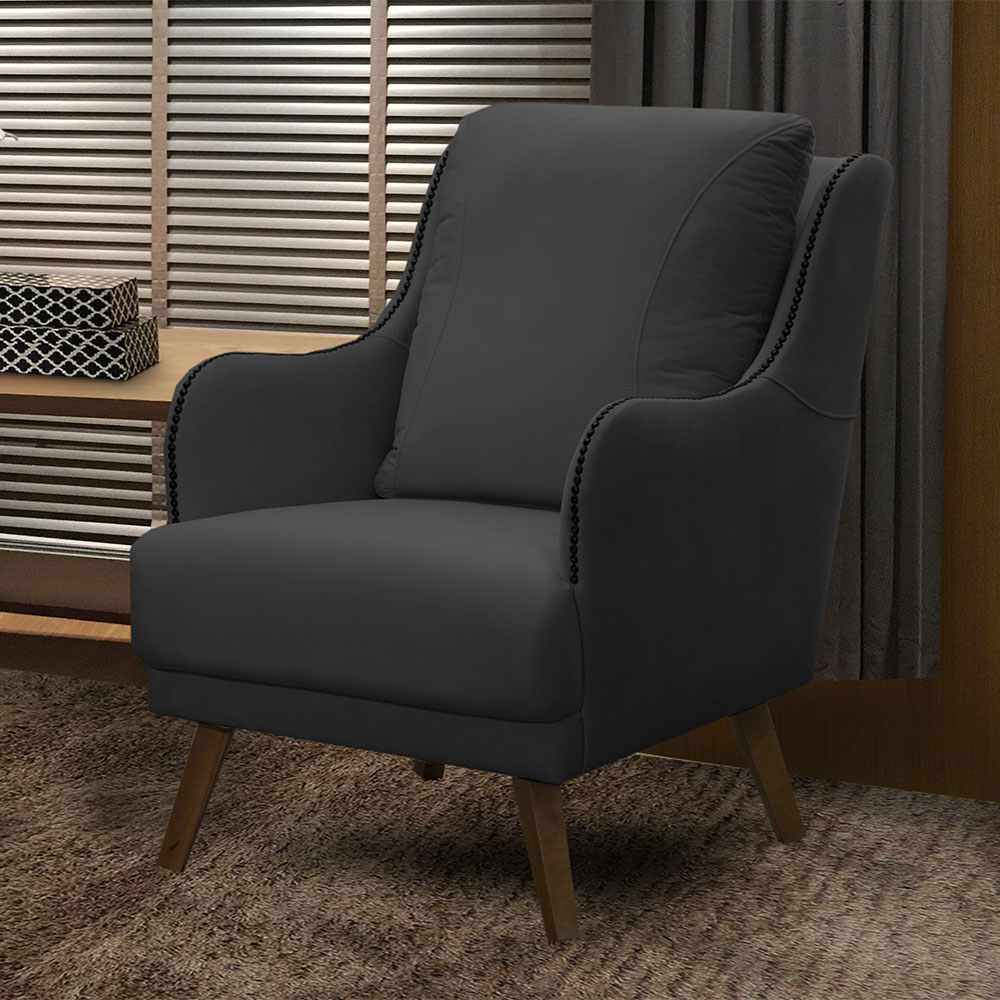 Kit 2 Poltronas Decorativas Catar com Tachas Veludo Cinza Chumbo G33 - Gran Belo