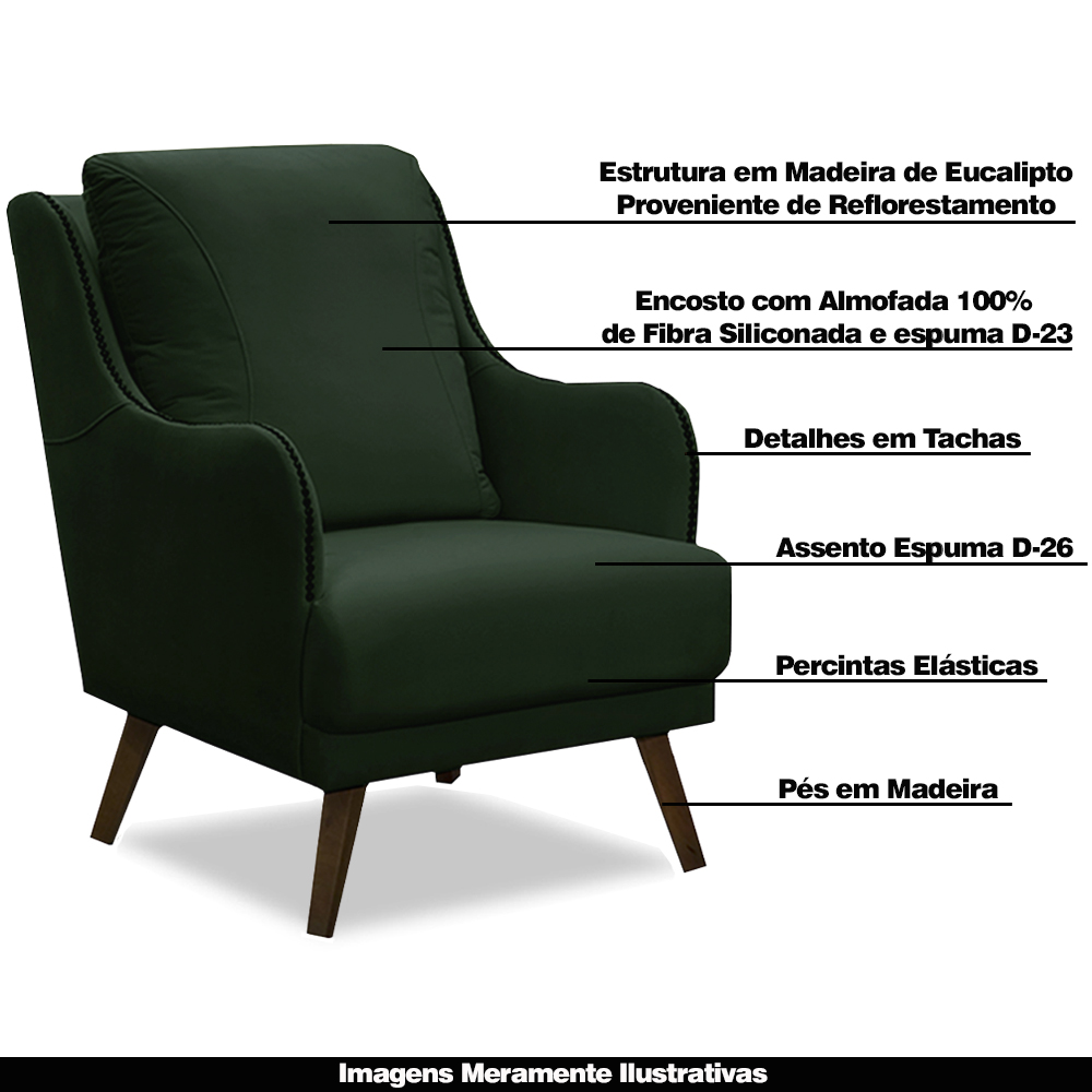 Kit 2 Poltronas Decorativas Catar com Tachas Veludo Verde G33 - Gran Belo