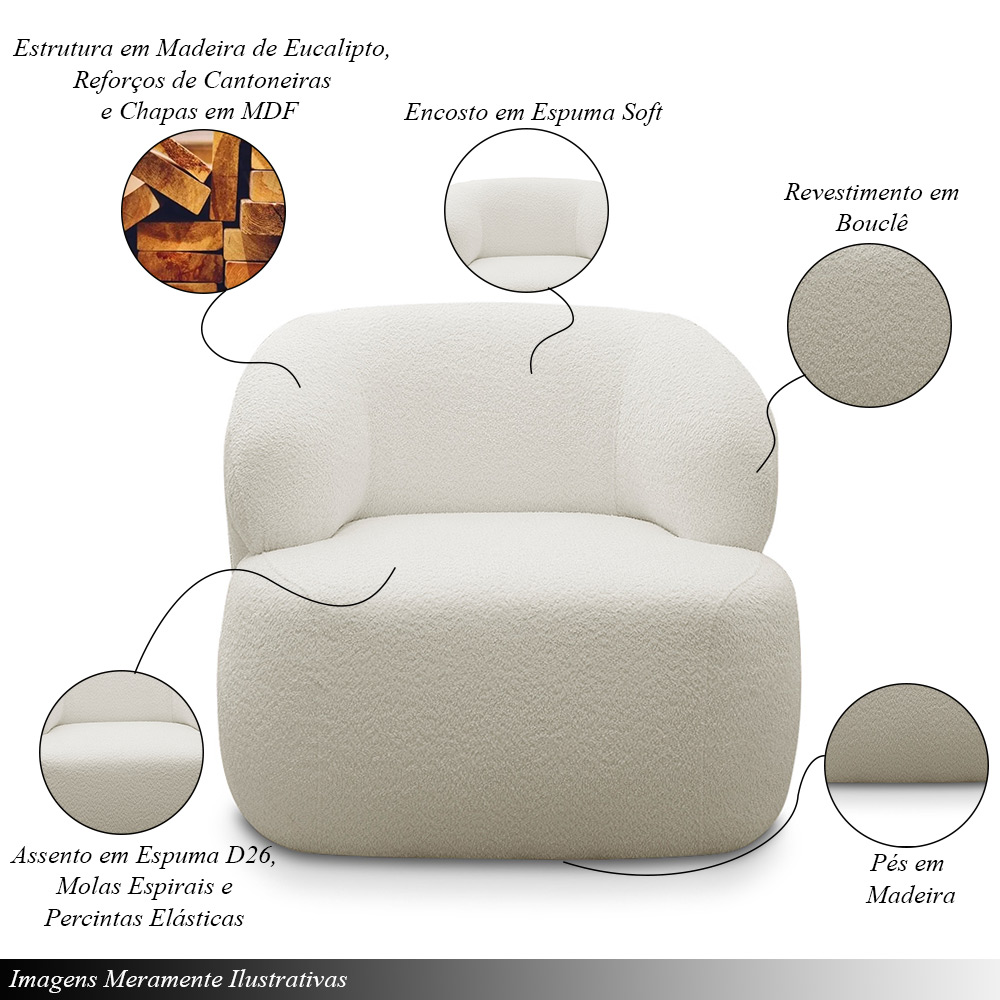 Kit 2 Poltronas Decorativas Charlote Sala de Estar Base Fixa Bouclê Off White G88 - Gran Belo