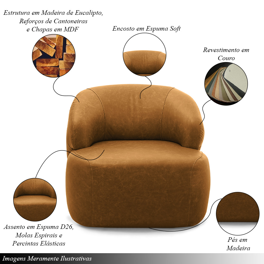 Kit 2 Poltronas Decorativas Charlote Sala de Estar Base Fixa Couro Caramelo Manchado G88 - Gran Belo