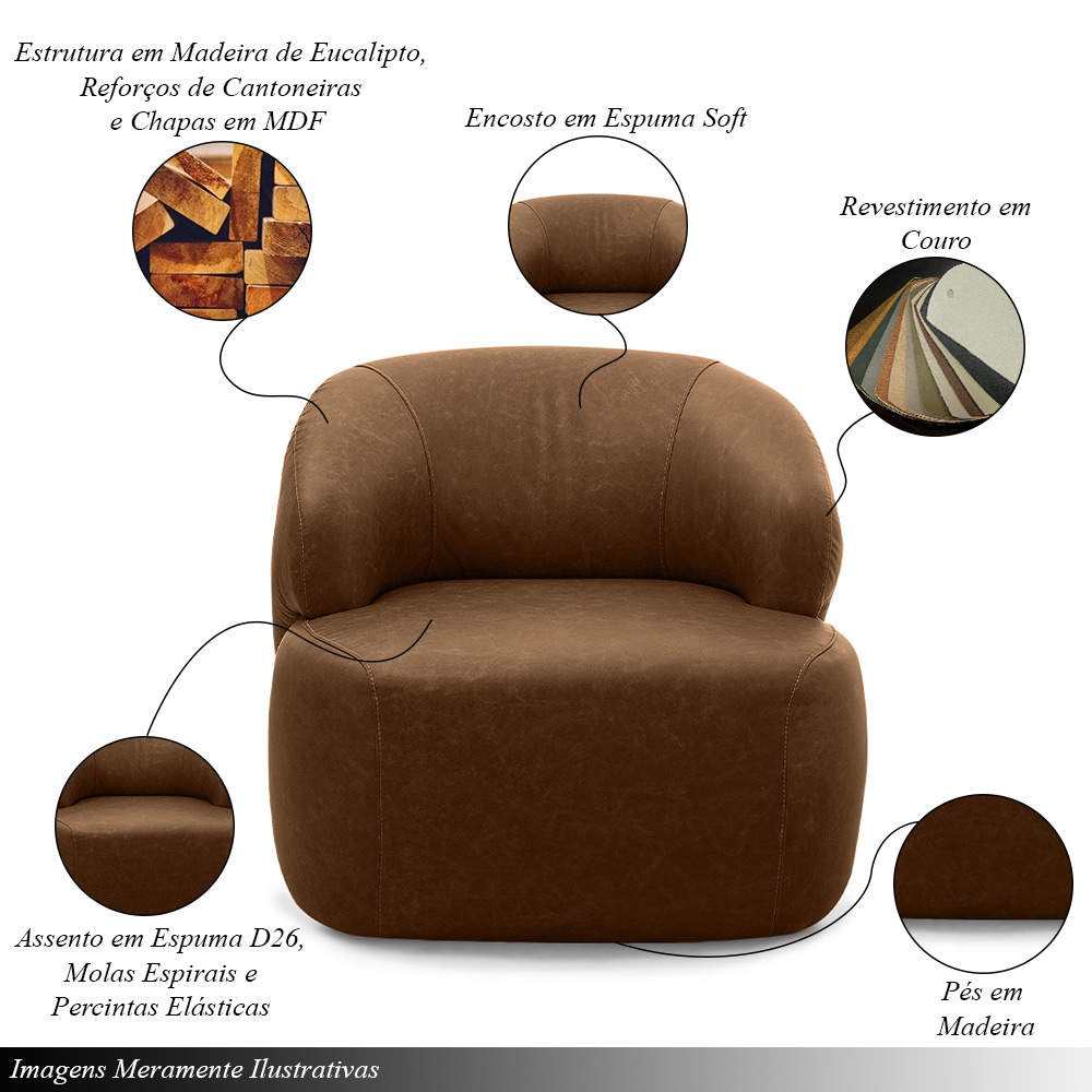 Kit 2 Poltronas Decorativas Charlote Sala de Estar Base Fixa Couro Marrom Claro Manchado G88 - Gran Belo