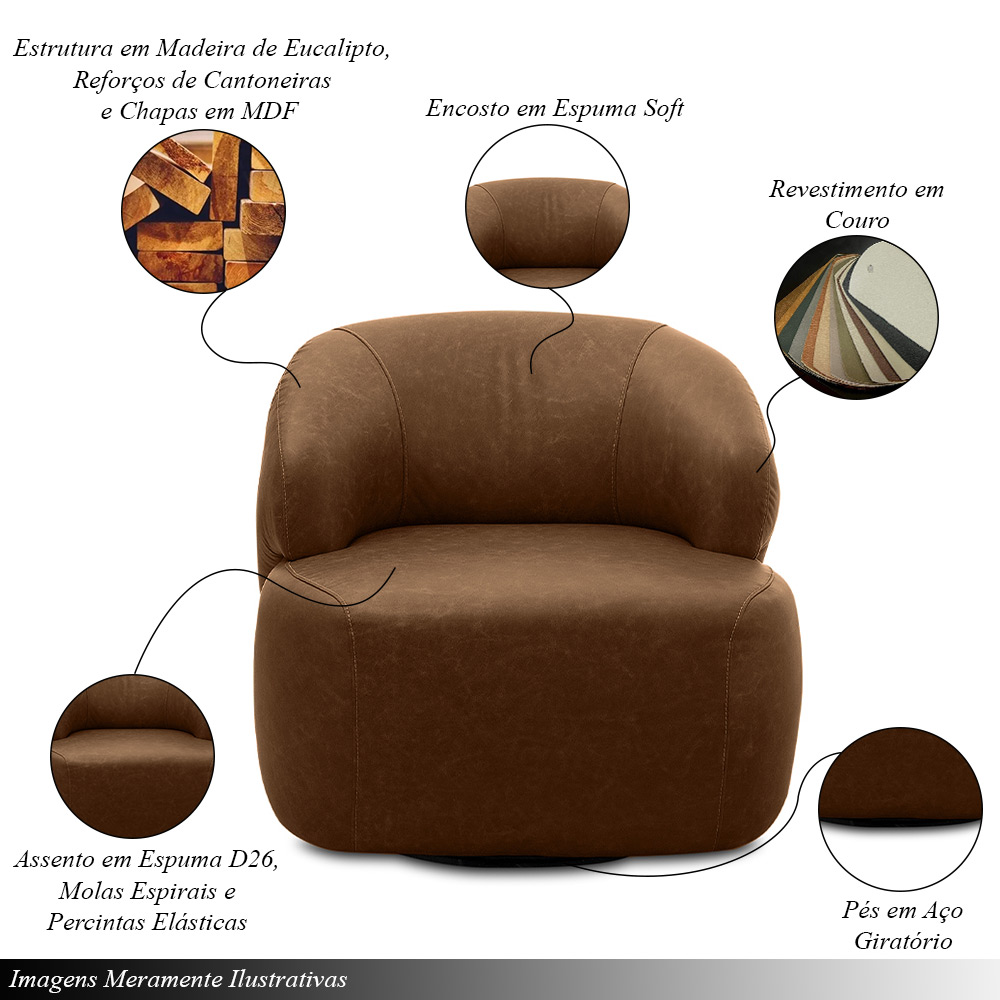 Kit 2 Poltronas Decorativas Charlote Sala de Estar Base Giratória em Aço Couro Marrom Claro Manchado G88 - Gran Belo